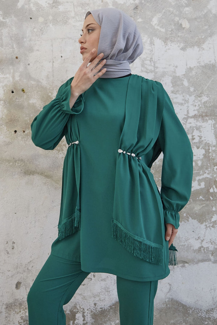 MDS Women Tassel Detail Stone Crepe Set - Emerald Green - North Vancouver