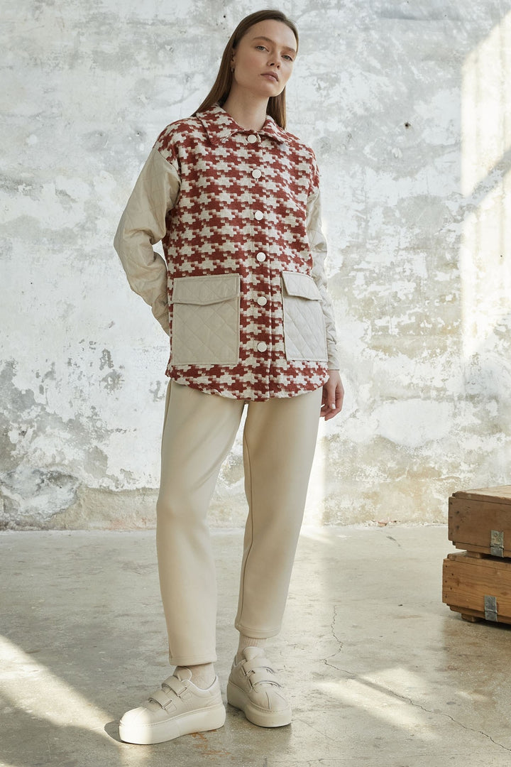 MDS Women Herringbone Pattern Quilted Jacket - Terracotta - Beaumont