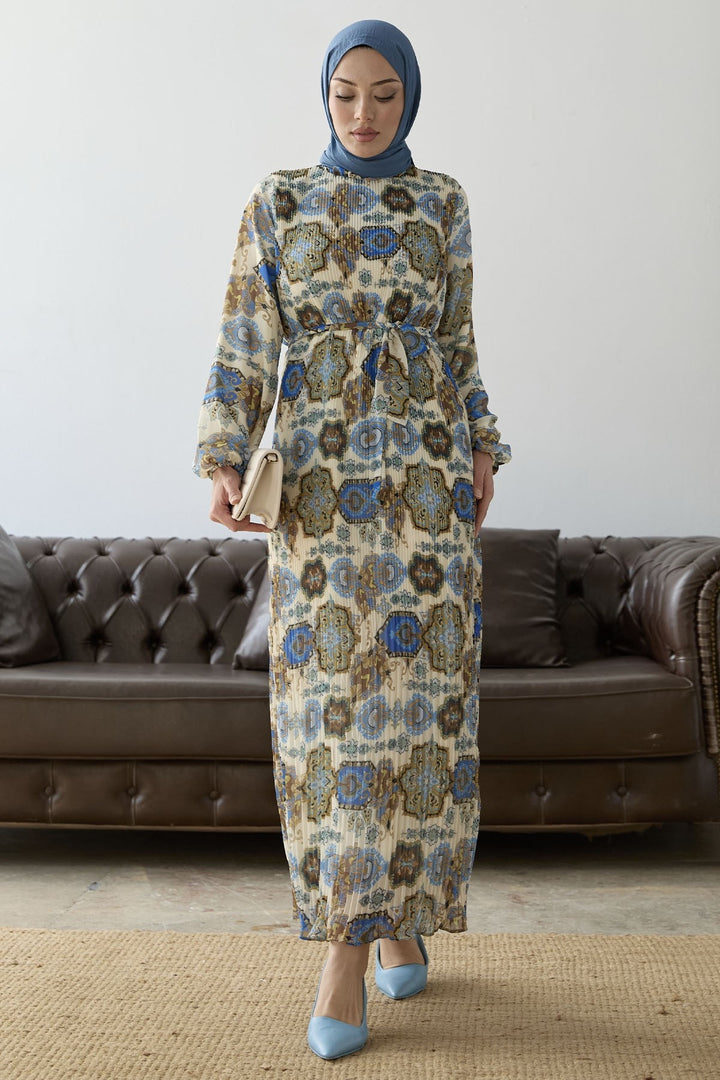 MDS Women Pleated Shawl Pattern Chiffon Dress - Blue - Rincón de Romos