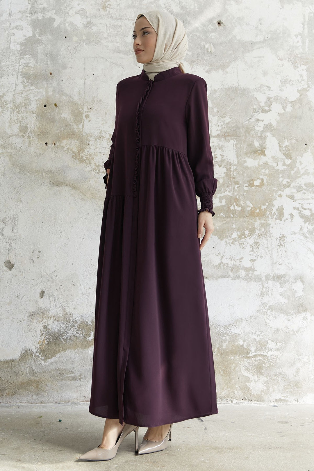 MDS Women Frill Flounce Asymmetric Cut Abaya - Purple - Amarante