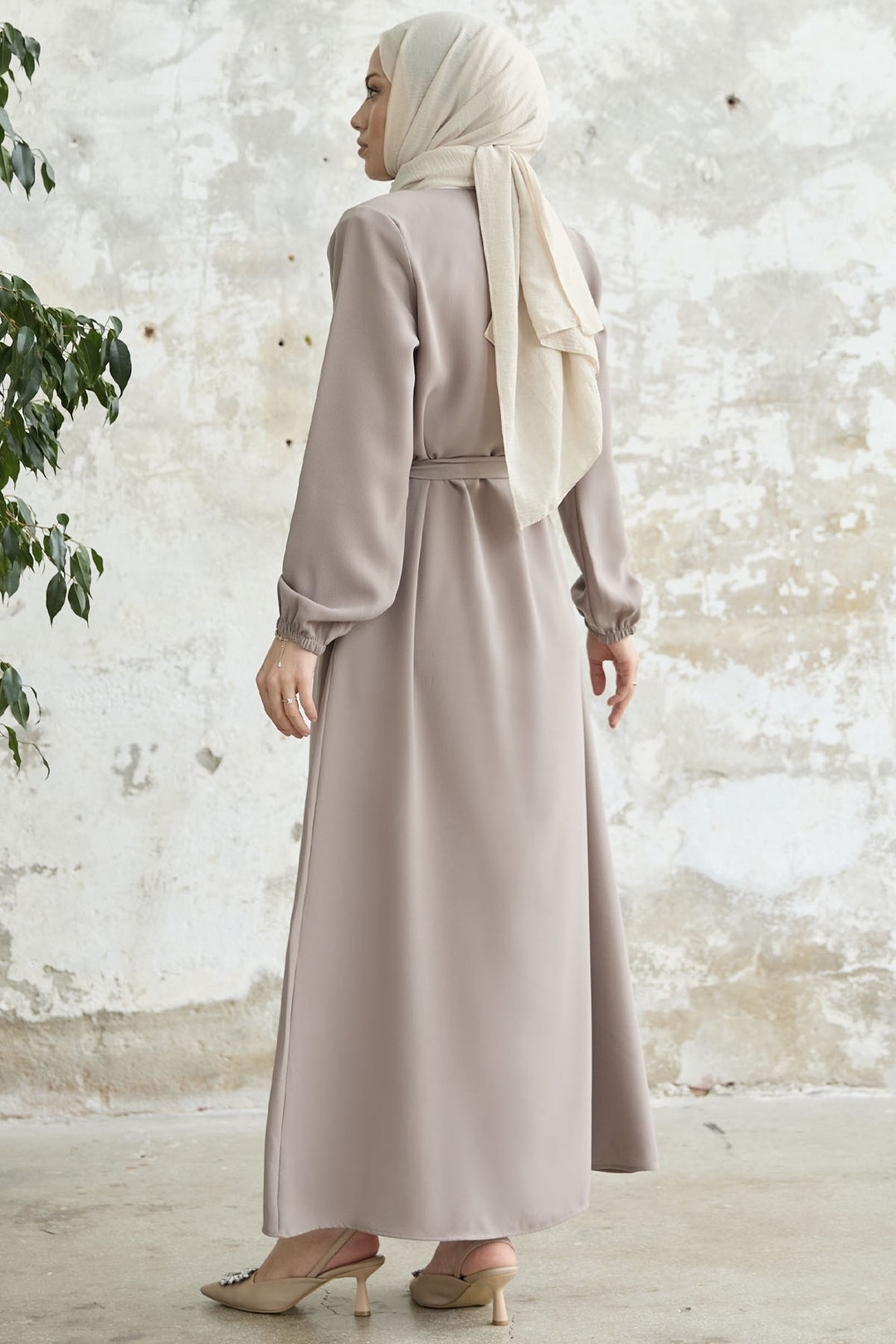 MDS Women Belted Honeycomb Fabric Abaya - Beige - Chula Vista