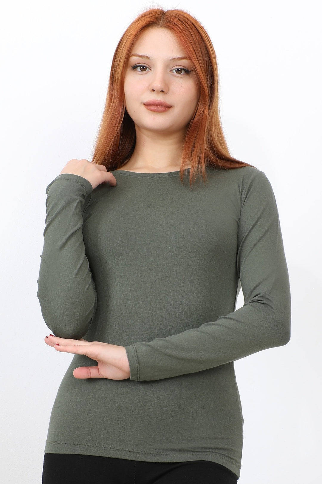 MDS Women Long Sleeve Bicycle Neck Basic Bodysuit - Khaki - Colton