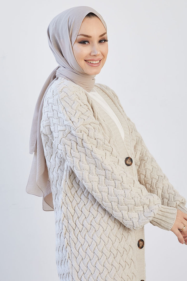 سترة MDS النسائية Arene طويلة مضفرة بأزرار - كريمي - هيرن