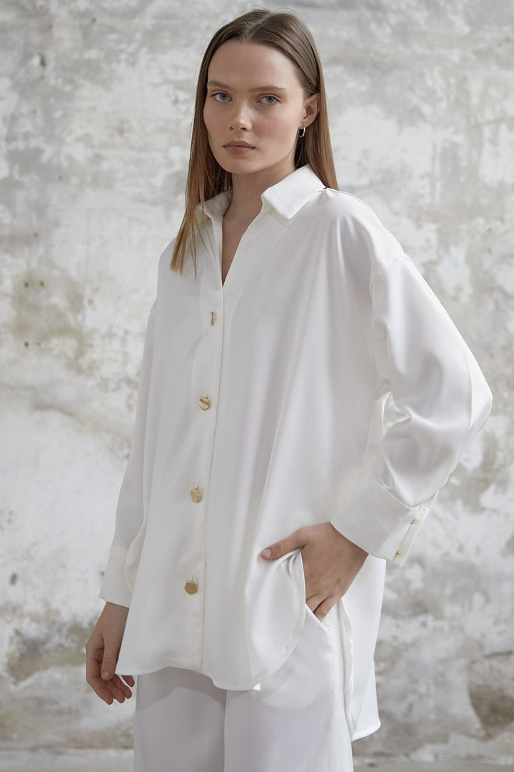 MDS Women Satin Shirt and Pants Suit - White - Lafayette