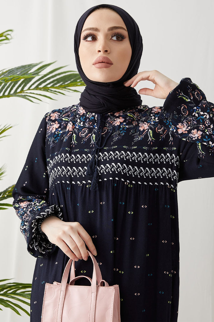 MDS Women Flowy Dress with Watery Pattern - Dark Navy - Nuremberg