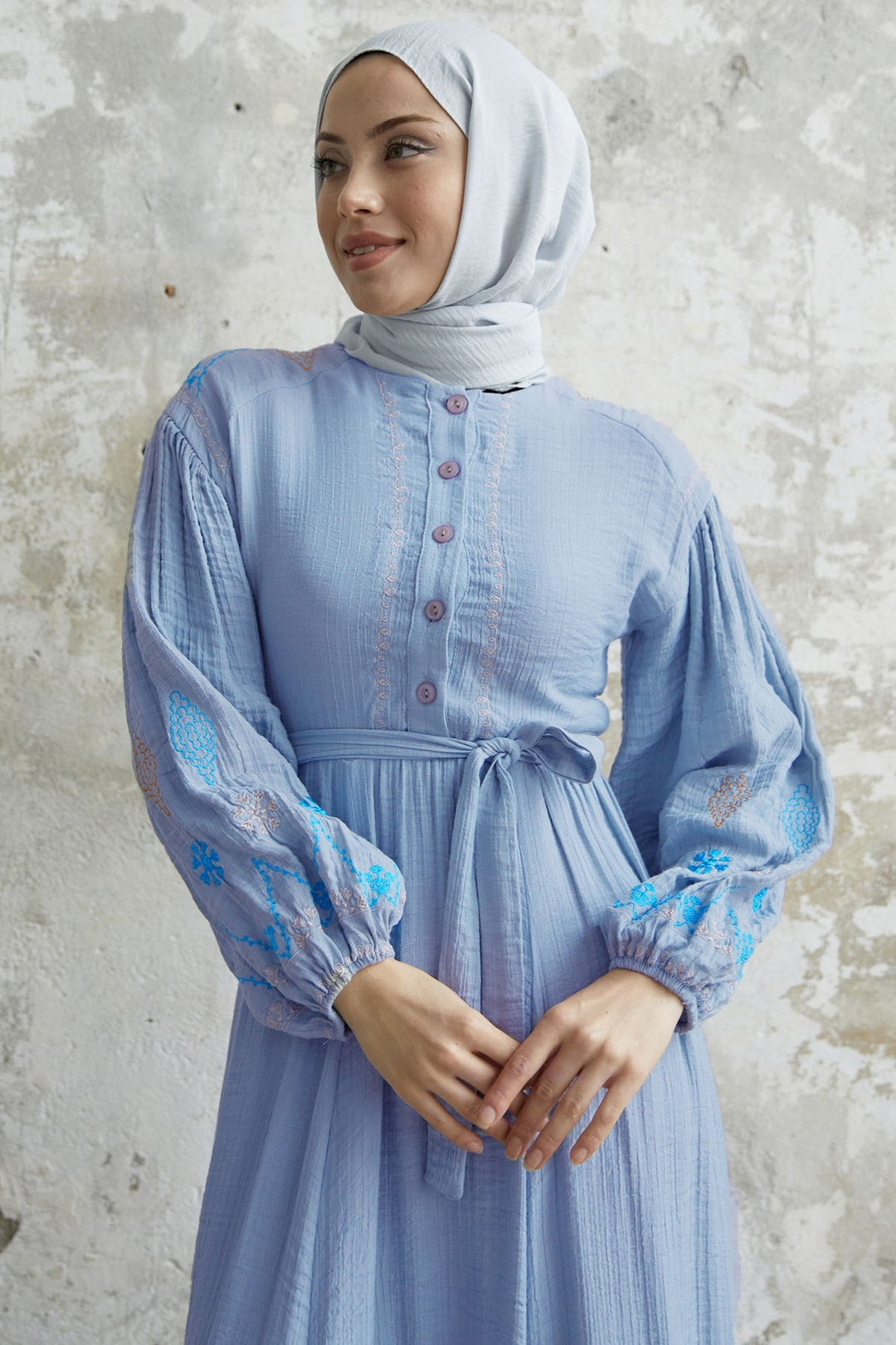 MDS Women Waffle Dress with Embroidered Sleeve - Baby Blue - Knoxville