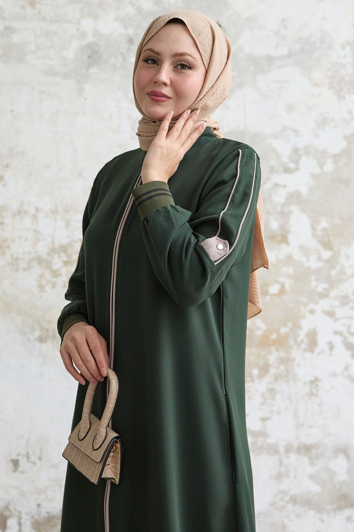 MDS Women Half-Collared Ribbed Khaki Abaya - Wokingham