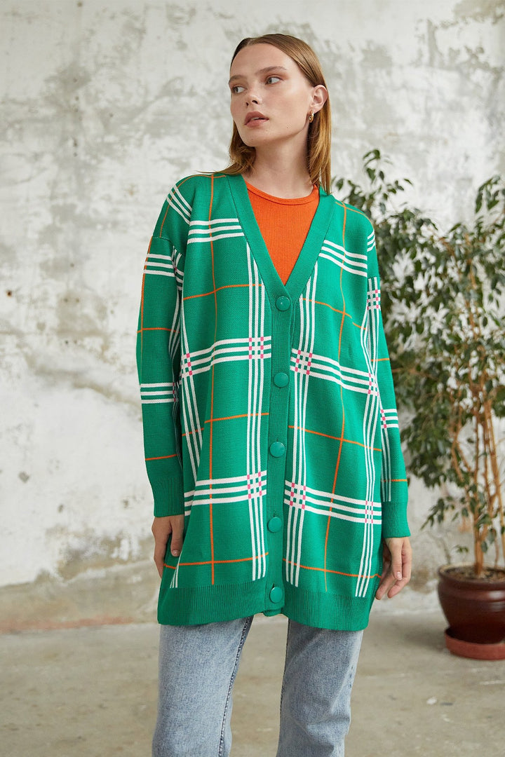 MDS Women Meri Plaid Patterned Cardigan - Green - Sioux City