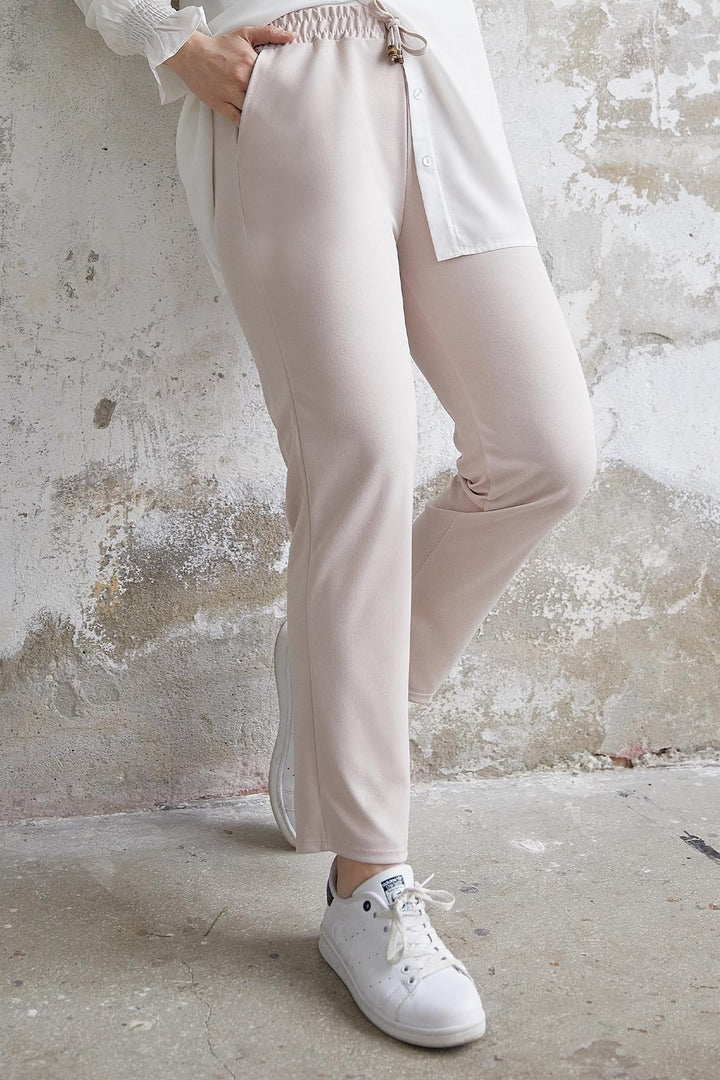 MDS Women Elasticated Waist Lycra Double Fabric Pants - Stone - Beaverton