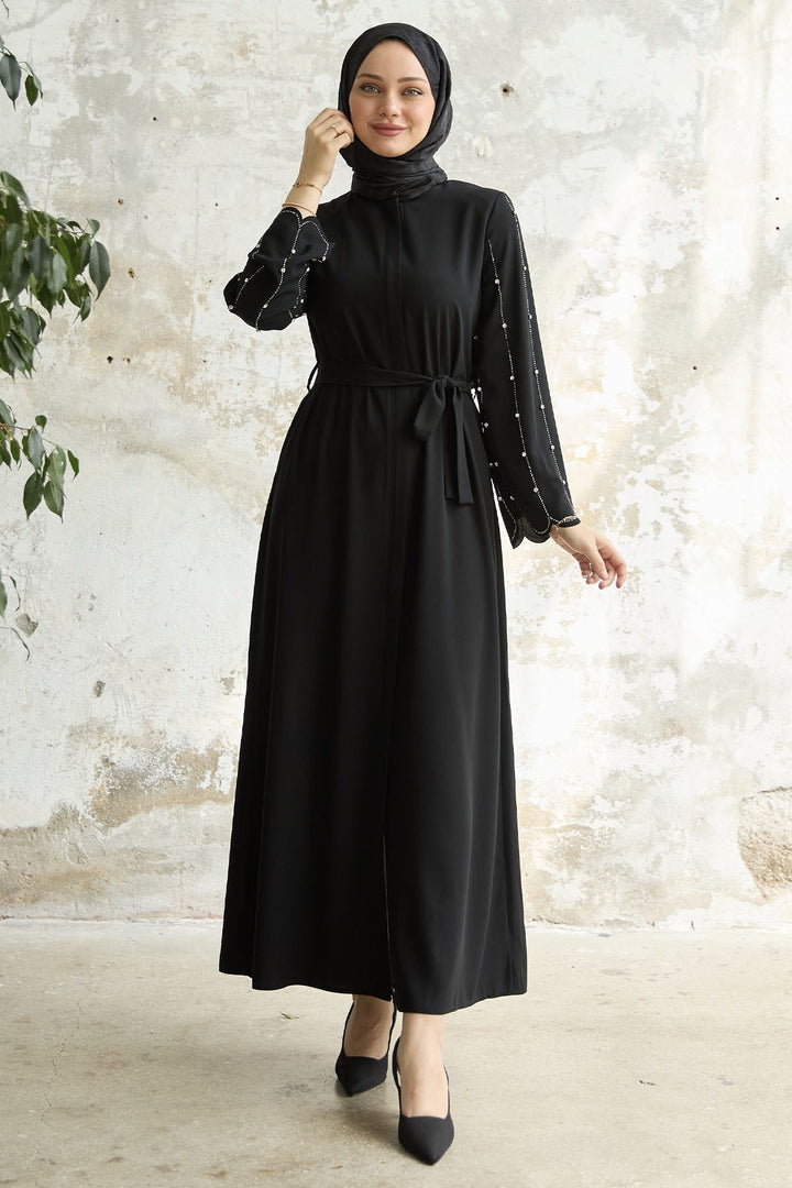 MDS Women Sleeve Stone Processing Abaya - Black - The Hammocks
