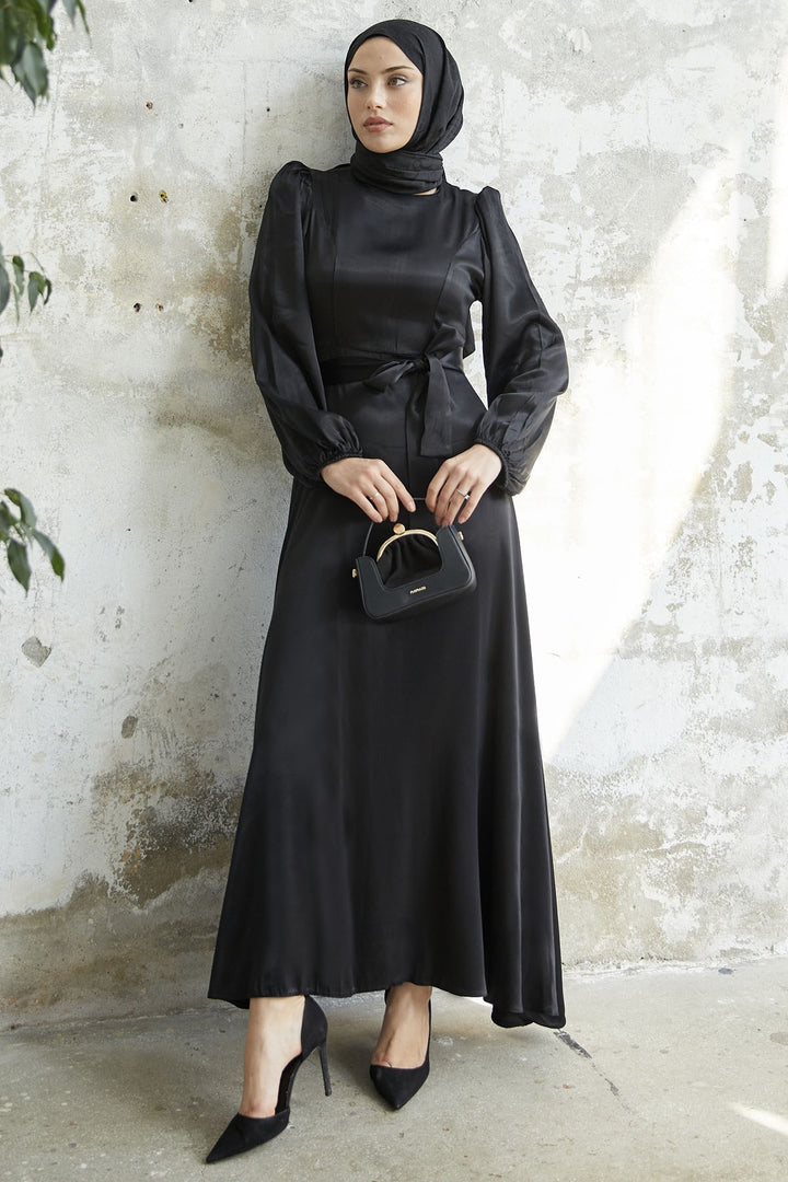 MDS Women Belted Balloon Sleeve Satin Dress - Black - Pembroke Pines