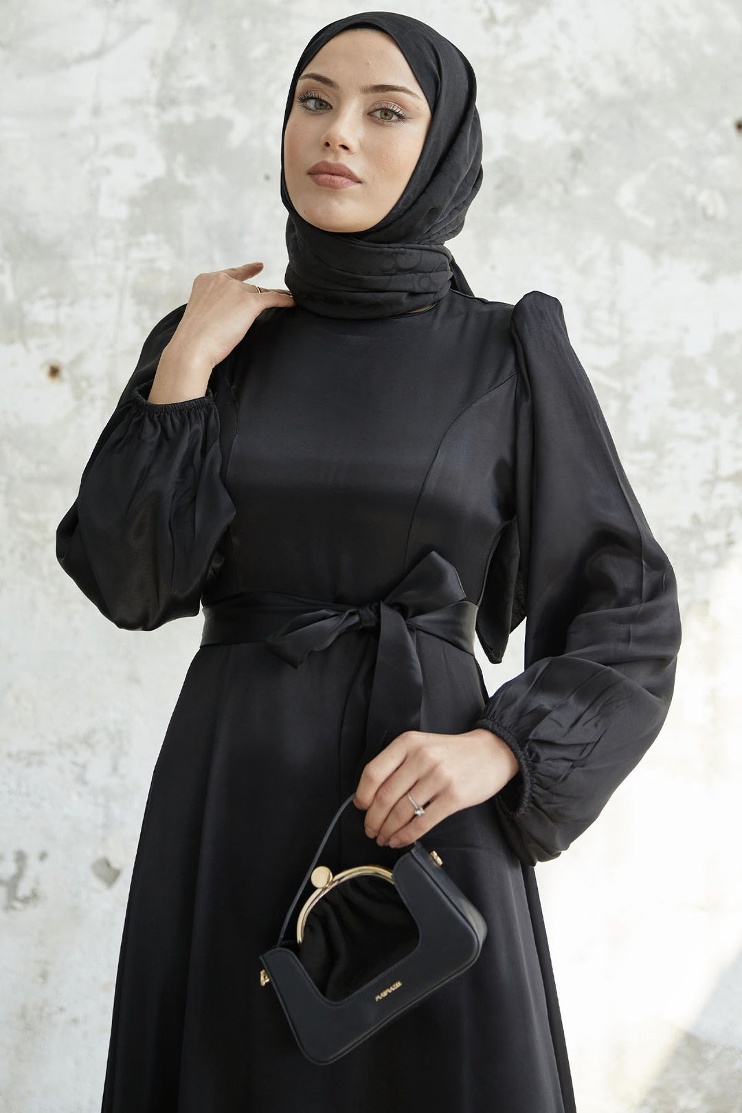 MDS Women Belted Balloon Sleeve Satin Dress - Black - Pembroke Pines