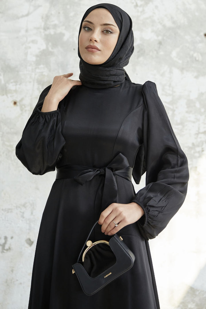 MDS Women Belted Balloon Sleeve Satin Dress - Black - Pembroke Pines