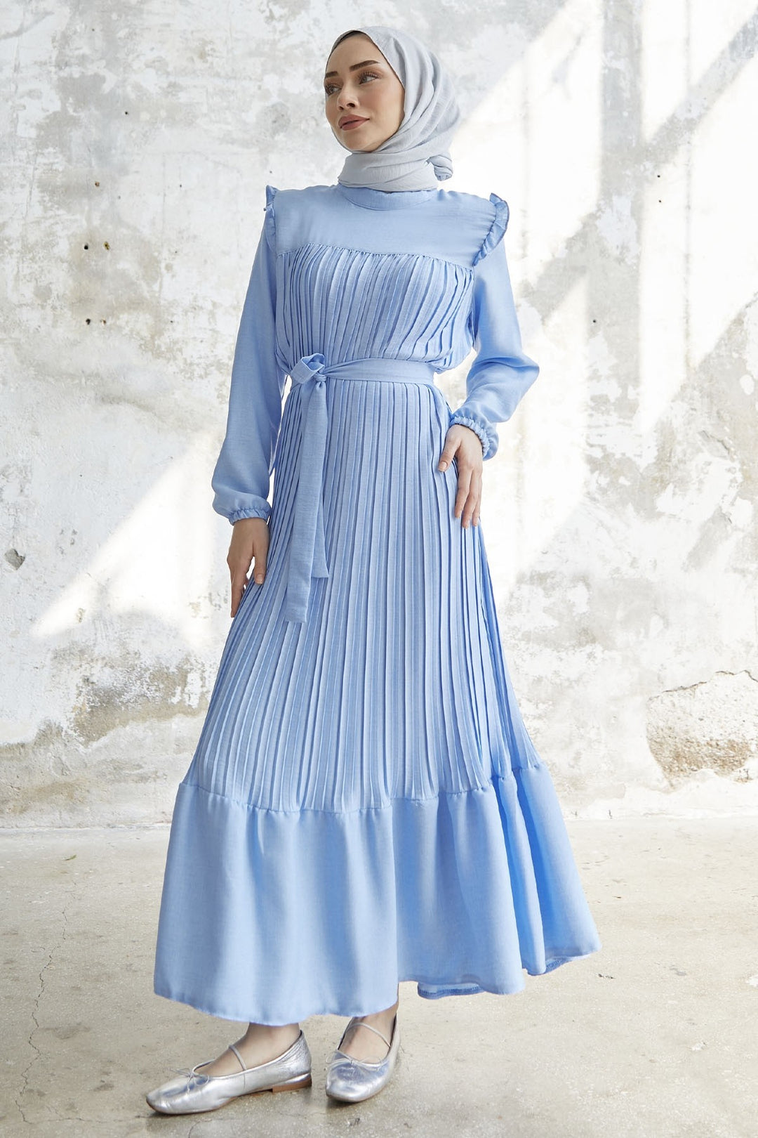 MDS Women Ruffle Trim Linen Dress - Baby Blue - Fairfield