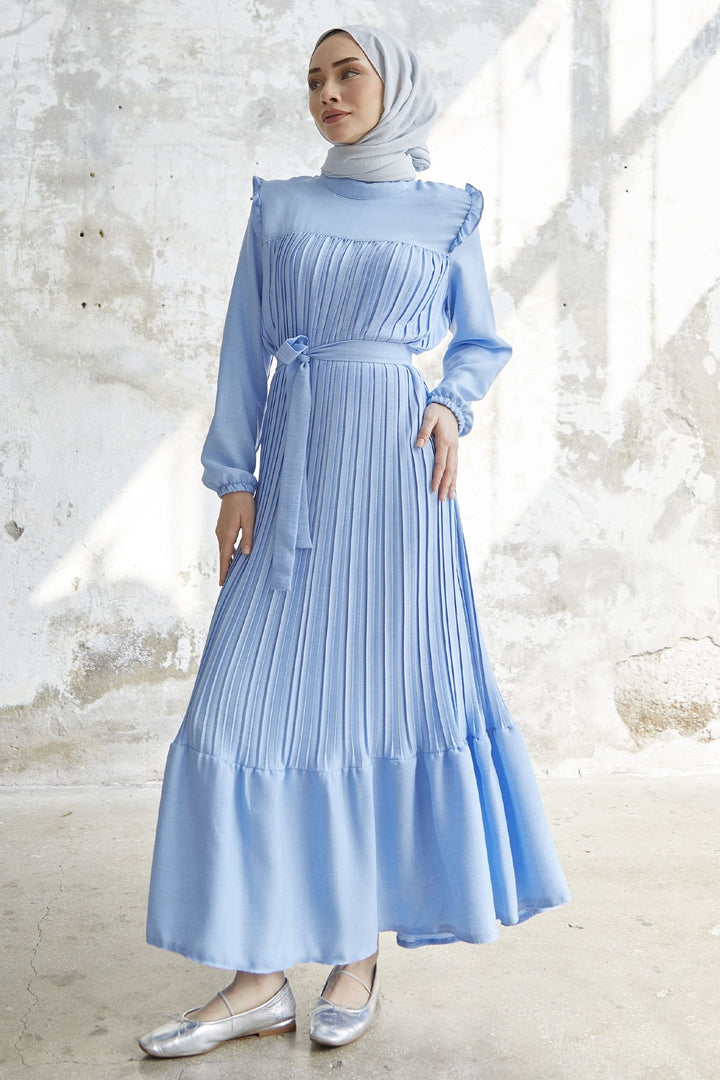 MDS Women Ruffle Trim Linen Dress - Baby Blue - Fairfield