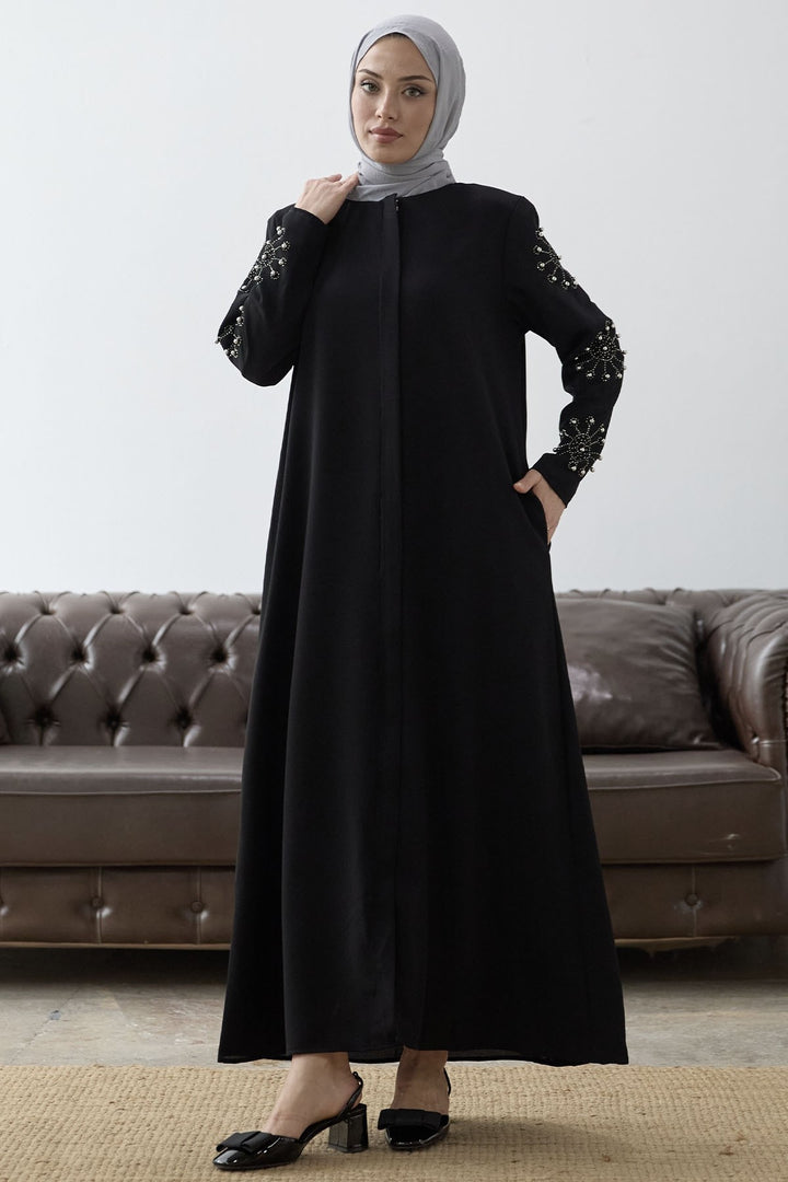 MDS Women Sleeves Pearl Stone Detail Abaya - Black - Ayr