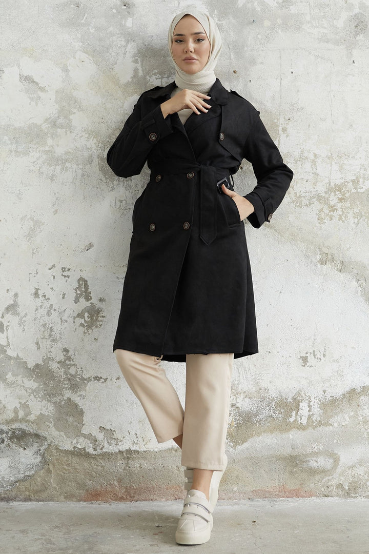 MDS Women Minka Belted Scuba Diving Trench Coat - Black - Peabody