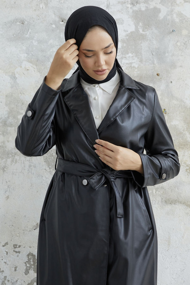 MDS Women Darina Belted Leather Trench Coat - Black - Agua Prieta