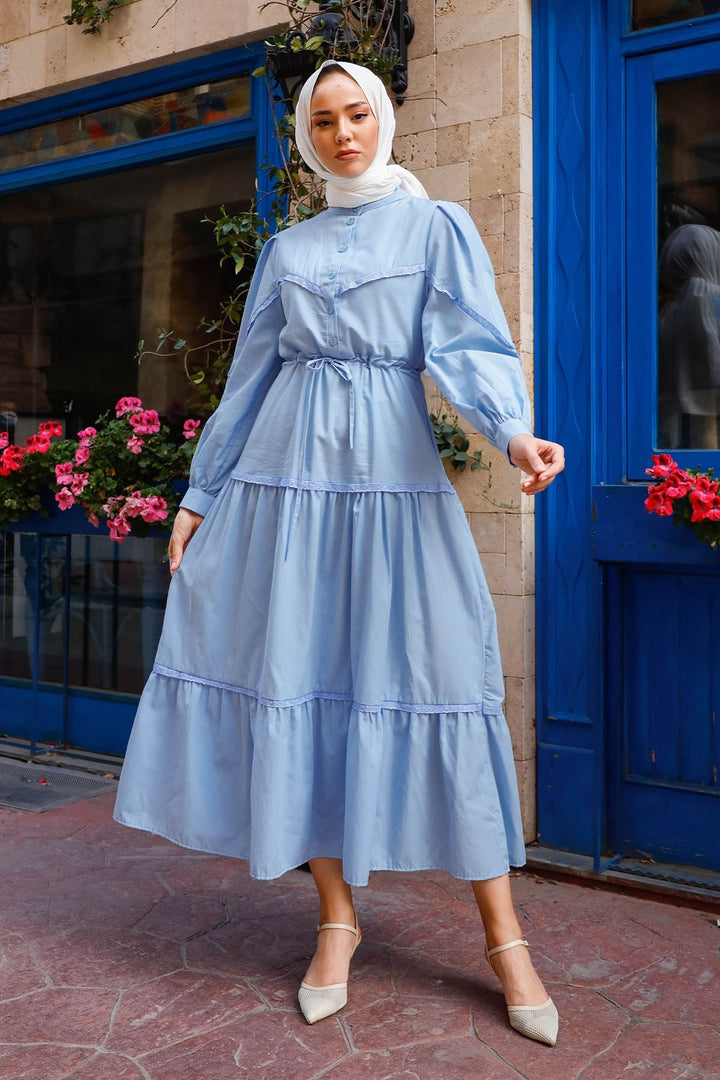 MDS Women Guipure Detail Balloon Sleeve Dress - Baby Blue - Bornheim