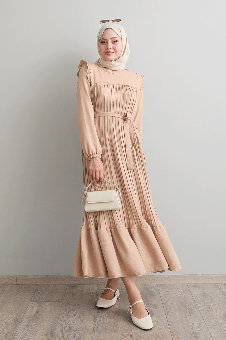 MDS Women Stone Dress with Ruffle Pleated Linen Shoulder - San Donà di Piave