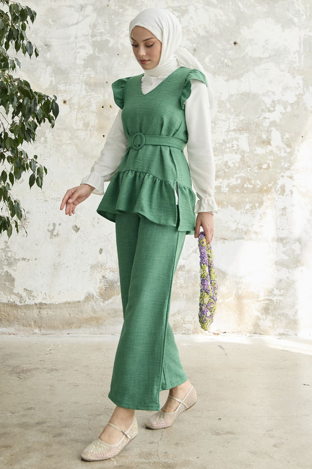 MDS Women Ruffled Shoulder Three Piece Set - Green - Lagkadás