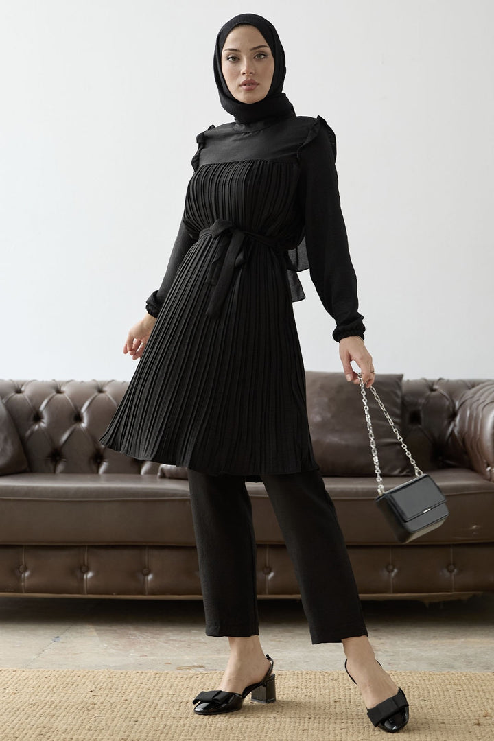 MDS Women Front Pleated Ruffle Detail Set - Black - Clichy