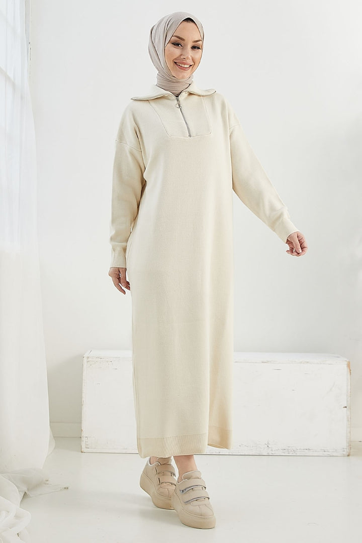 MDS Women Esila Collar Zip Long Knit Dress - Ecru - Tamazunchale