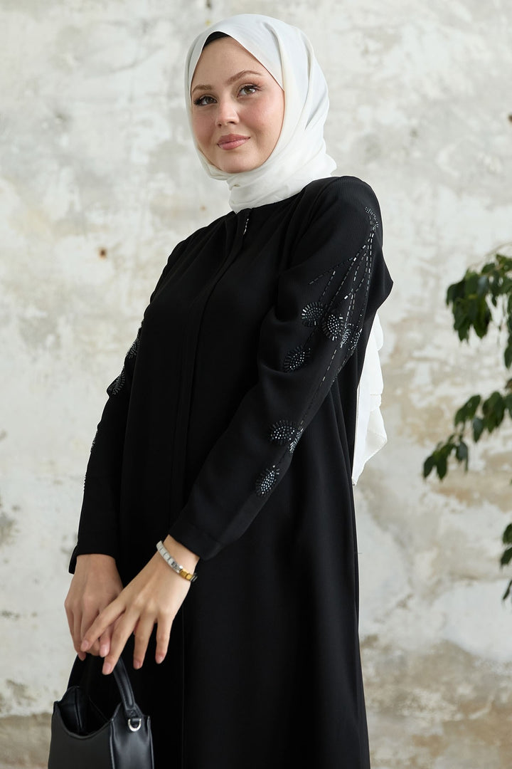 MDS Women Black Abaya with Leaf Pearl Sleeves - Oakland