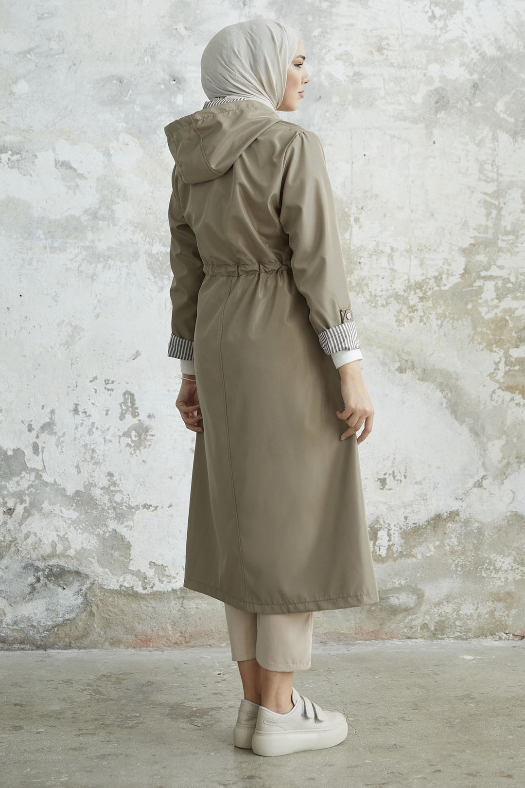 MDS Women Checked Striped Pattern Long Trench Coat - Beige - Middletown