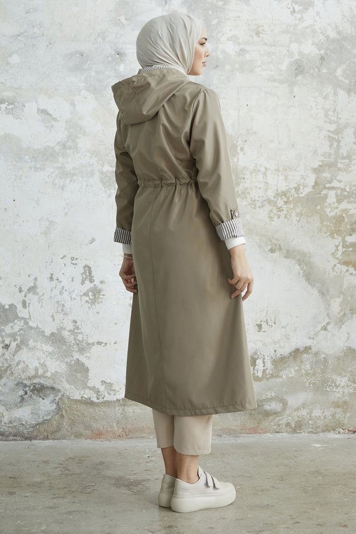 MDS Women Checked Striped Pattern Long Trench Coat - Beige - Middletown