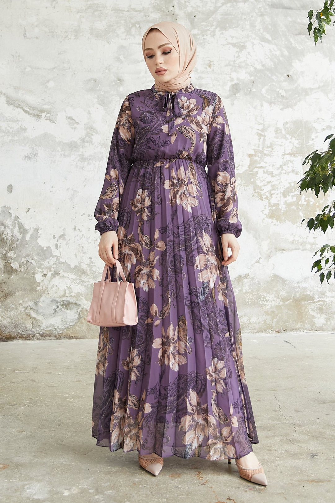 MDS Women Serena Flower Patterned Pleated Chiffon Dress - Purple - Catanzaro