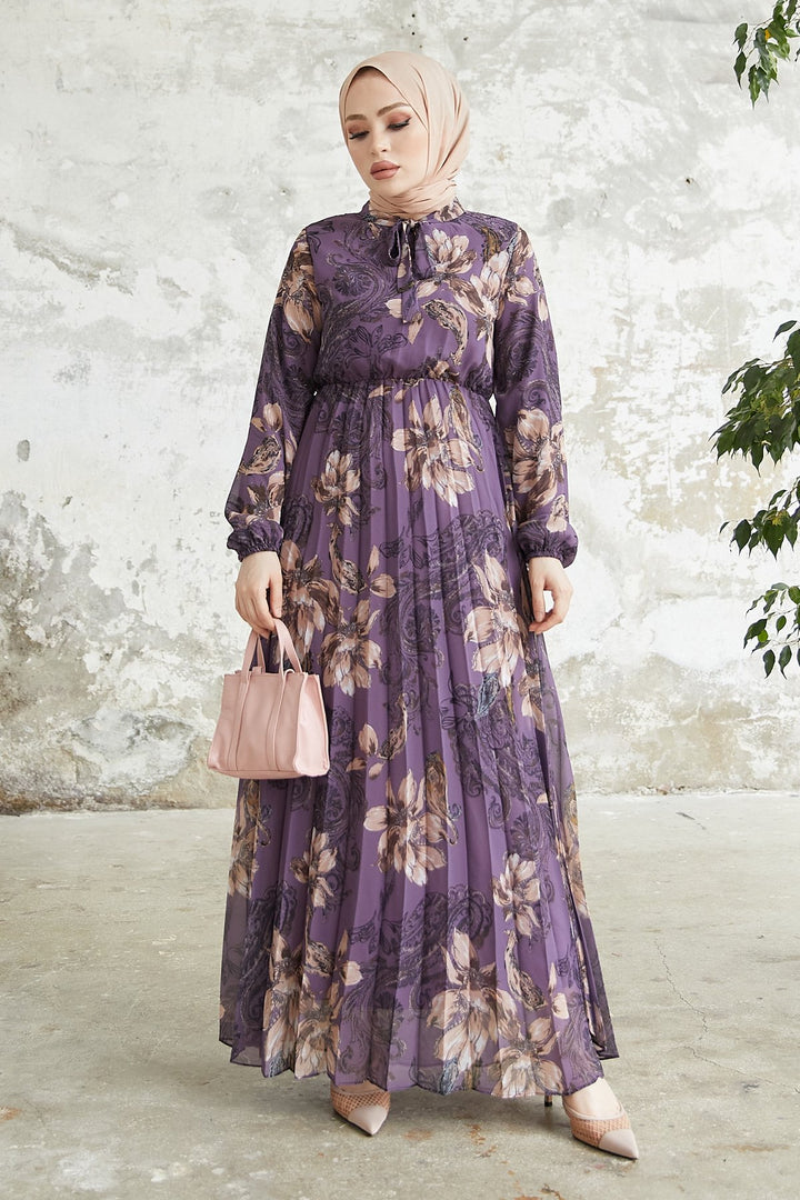 MDS Women Serena Flower Patterned Pleated Chiffon Dress - Purple - Catanzaro