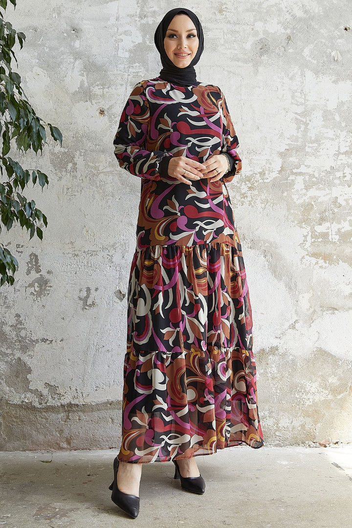 MDS Women Arzel Patterned Ruffle Chiffon Dress - Black - Khrustalnyi