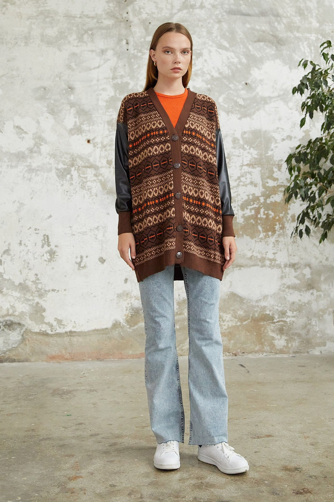 MDS Women Elis Collar Leather Cardigan - Brown - Jocotitlán