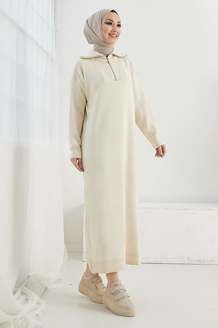 MDS Women Esila Collar Zip Long Knit Dress - Ecru - Tamazunchale