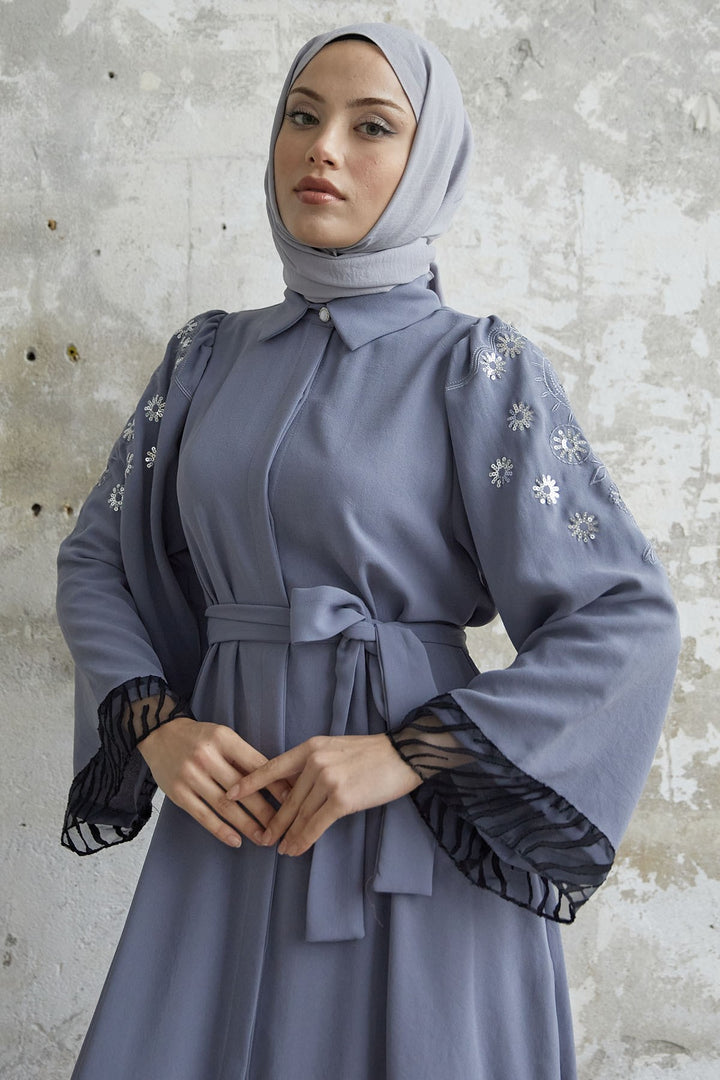 MDS Women Cashmere Embroidered Sleeve Abaya - Gray - Nijkerk