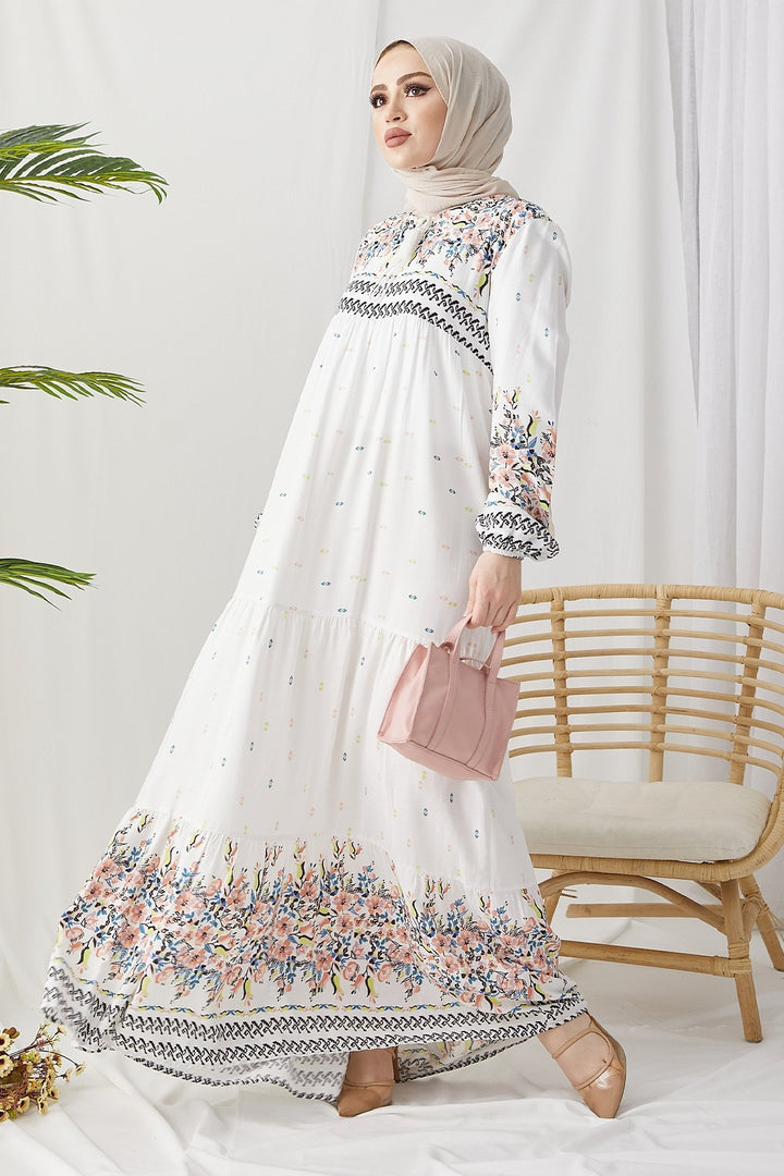 MDS Women Flowy Dress with Watery Pattern - White - Brăila