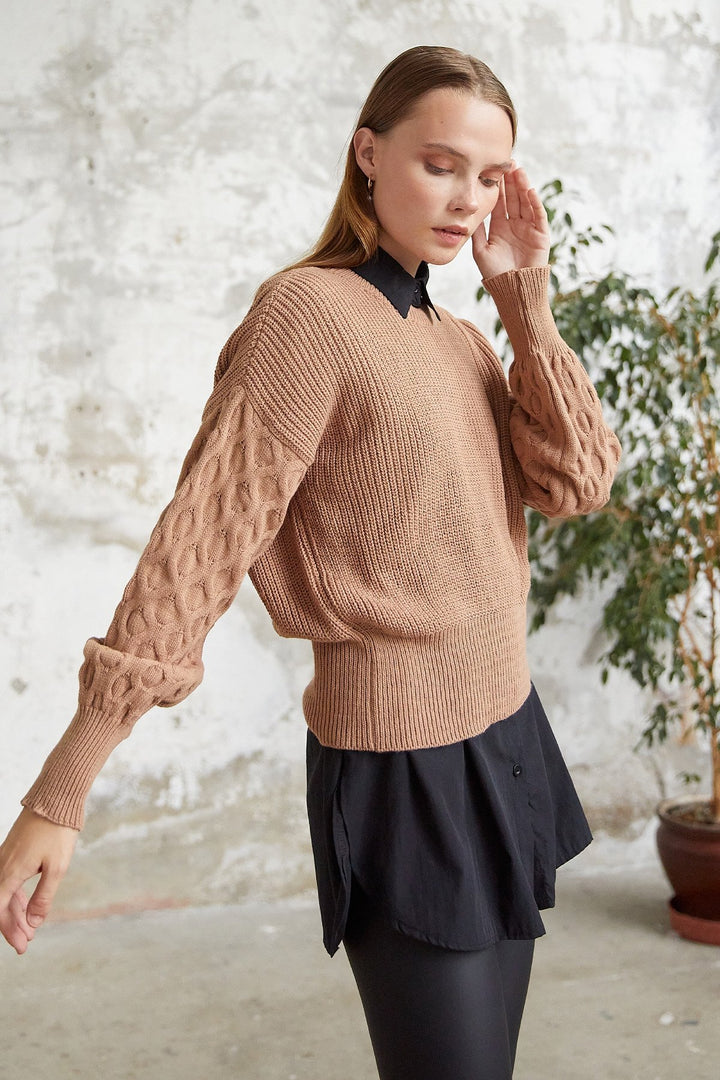MDS Women Larisa Balloon Sleeve Knit Short Sweater - Camel - Kherson