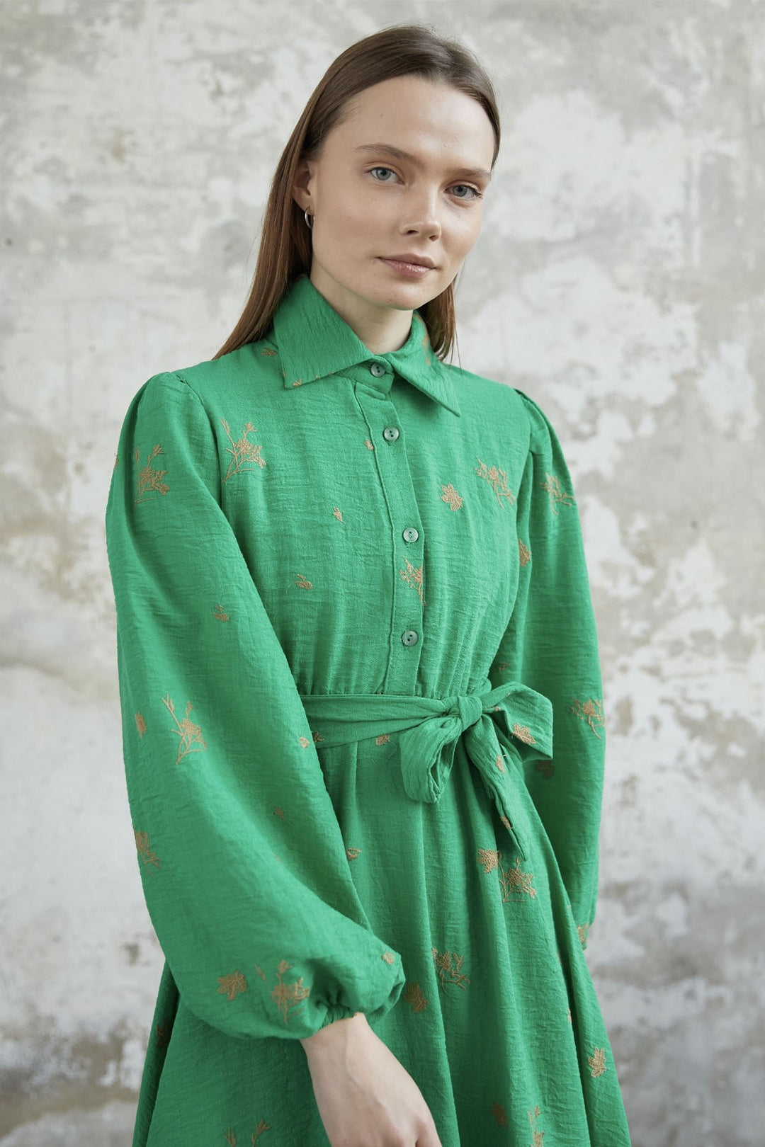 MDS Women Belted Embroidered Dress - Green - Abington