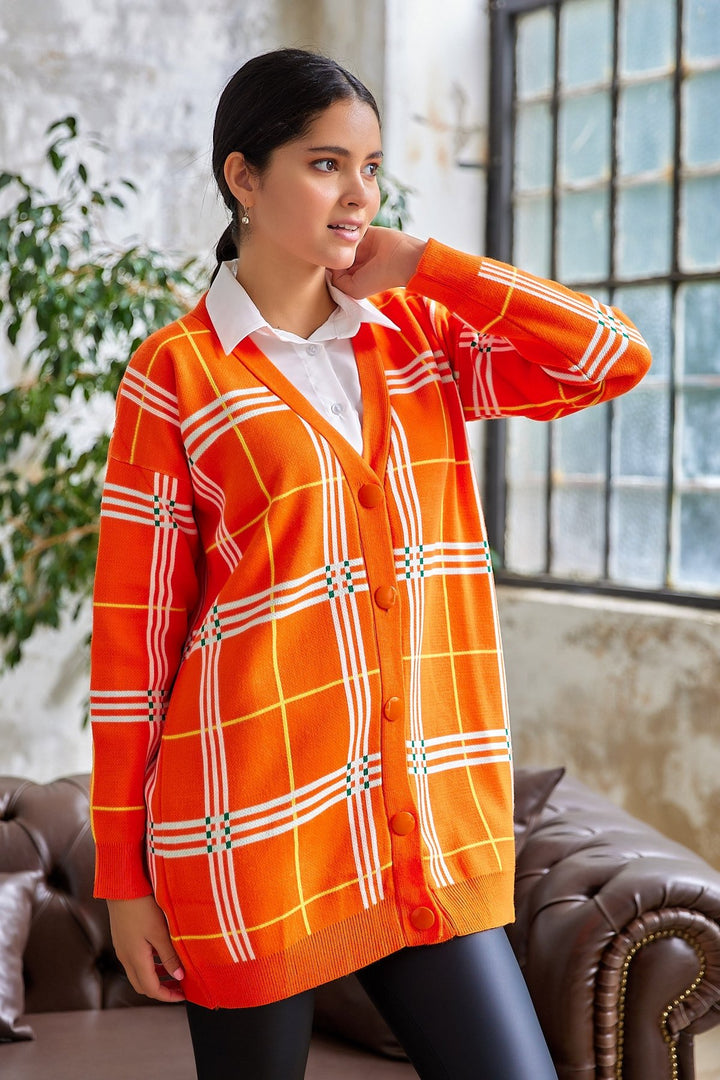 MDS Women Meri Checkered Knit Cardigan - Orange - Sanford