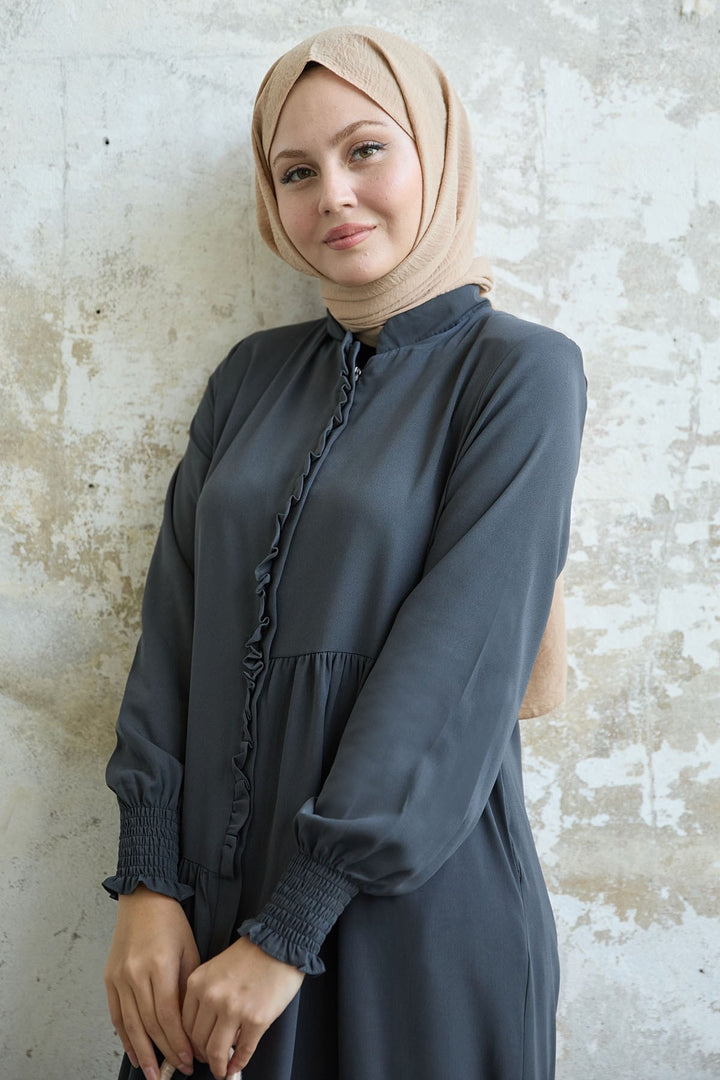 MDS Women Frilled Flounce Asymmetric Cut Anthracite Abaya - Silves