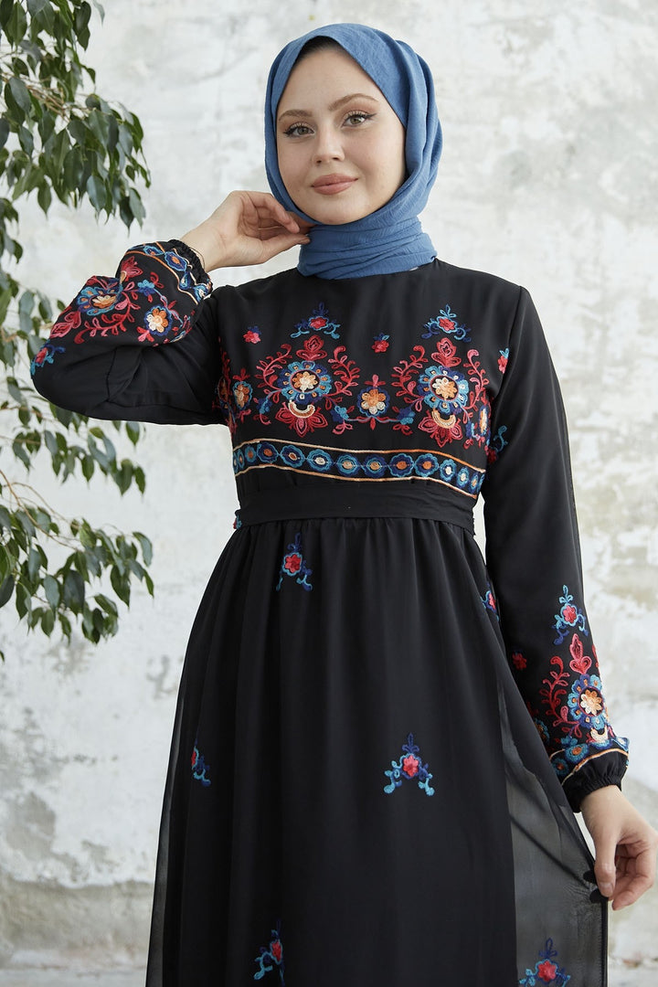 MDS Women Embroidered Skirt Frill Chiffon Dress - Black - Lerma