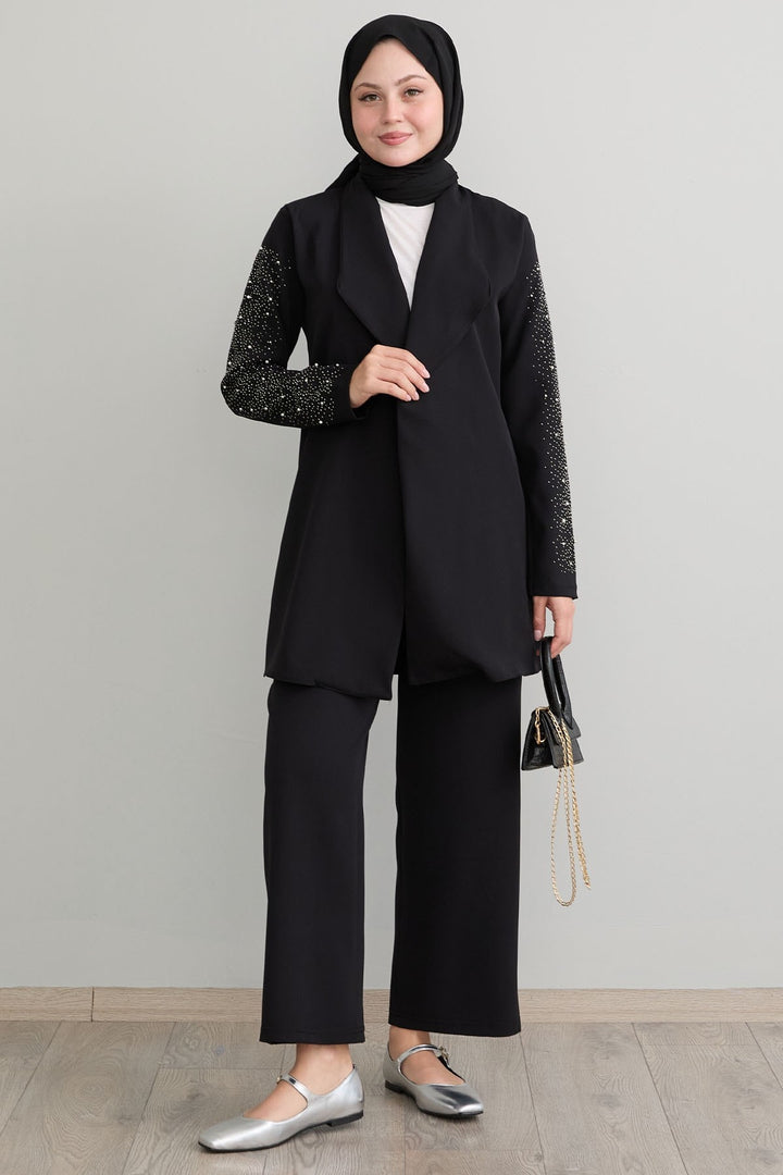 MDS Women Jacketed Pearl Detail Black Suit - Nürtingen