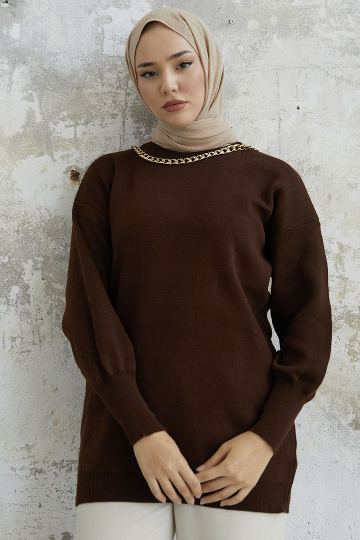 MDS Women Greenhouse Chain Detailed Knit Sweater - Dark Brown - Yuzhnoukrainsk