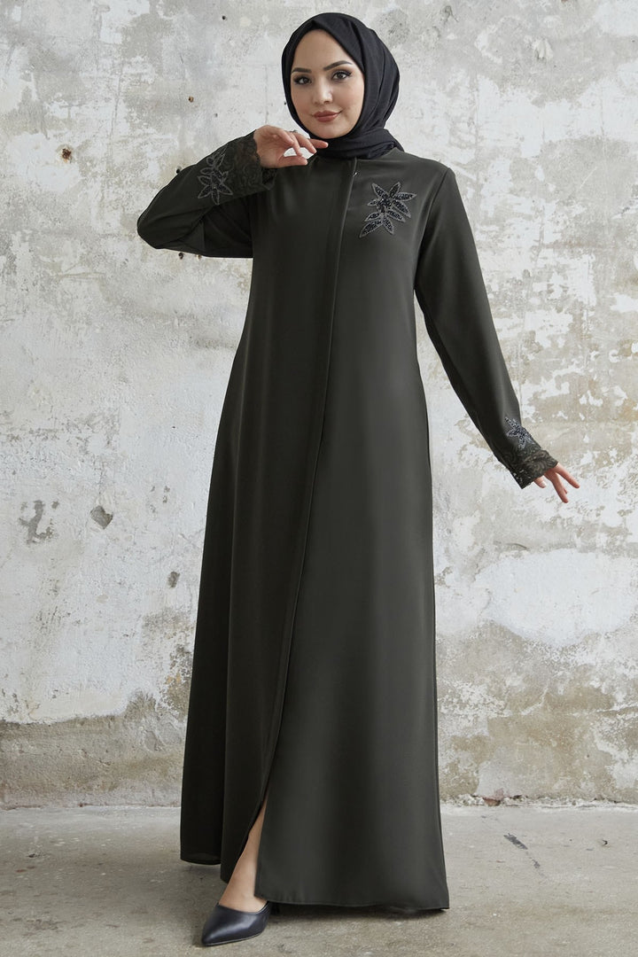 MDS Women Sleeve Flower Stone Abaya - Khaki - Portsmouth