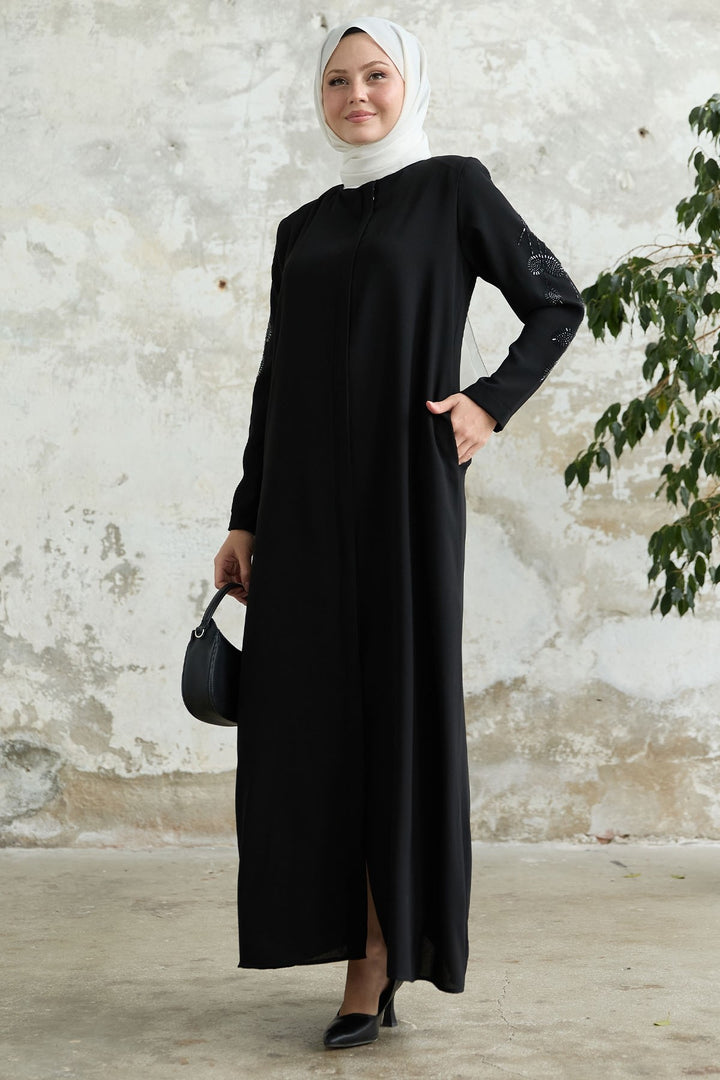 MDS Women Black Abaya with Leaf Pearl Sleeves - Oakland