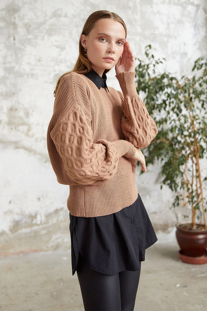MDS Women Larisa Balloon Sleeve Knit Short Sweater - Camel - Kherson