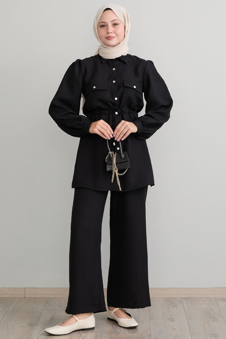 MDS Women Tunnel Arched Black Linen Suit - Beauvais
