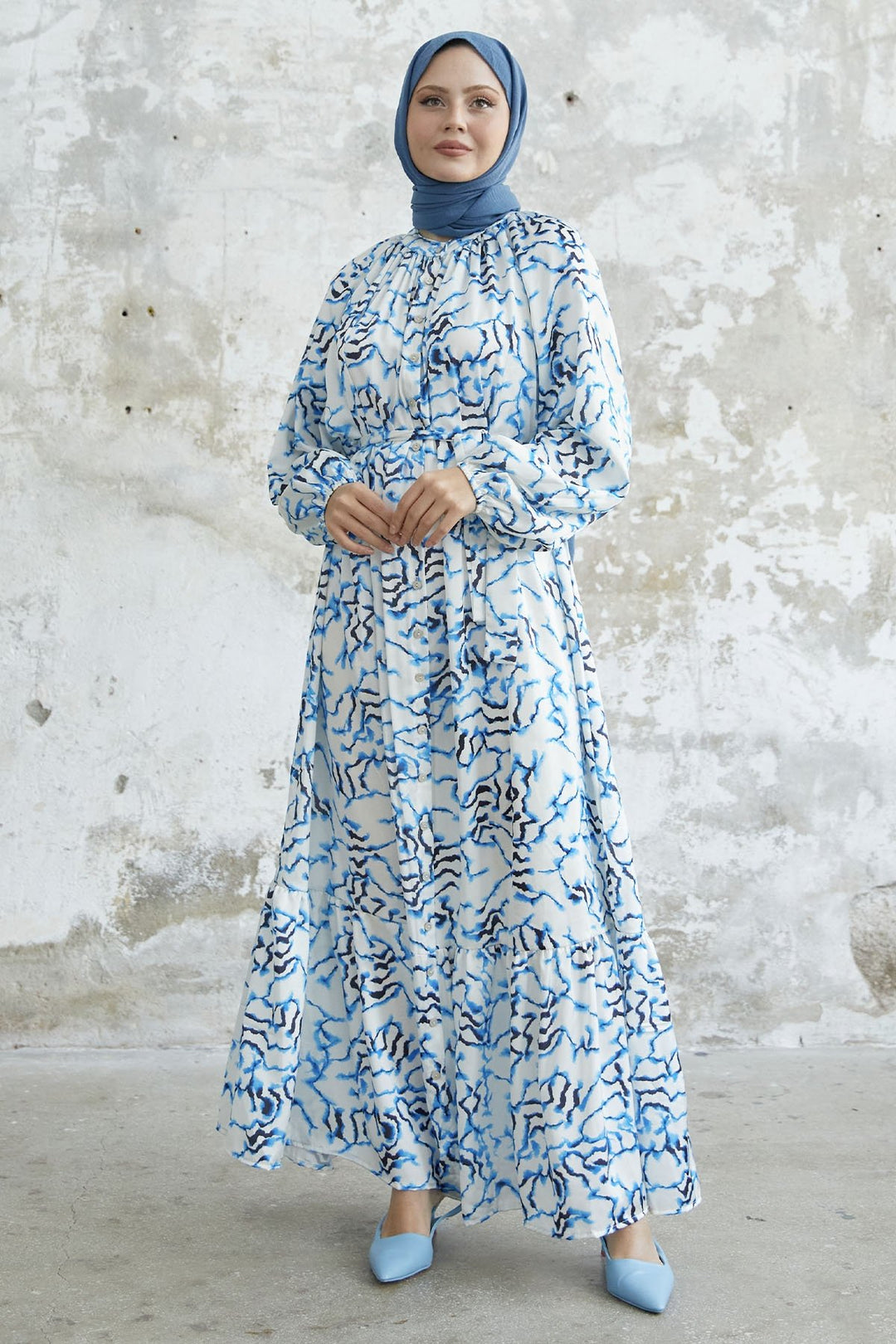 MDS Women Ruffle Patterned Satin Dress - Blue - Bossier City