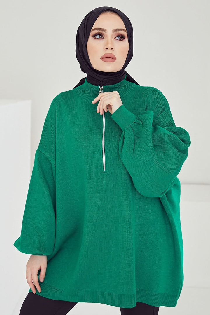 MDS Women Sara Zippered Knit Tunic - Emerald Green - Grimsby